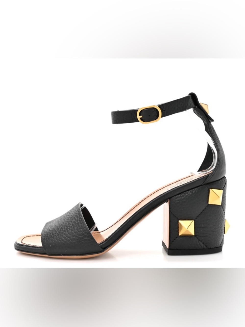 Valentino Black Leather Block Heel Sandals with Gold Studs New